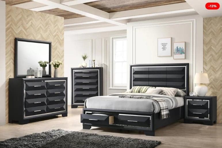 Modern black bedroom furniture set featuring storage bed, dresser, nightstands, and matching accents in contemporary style room