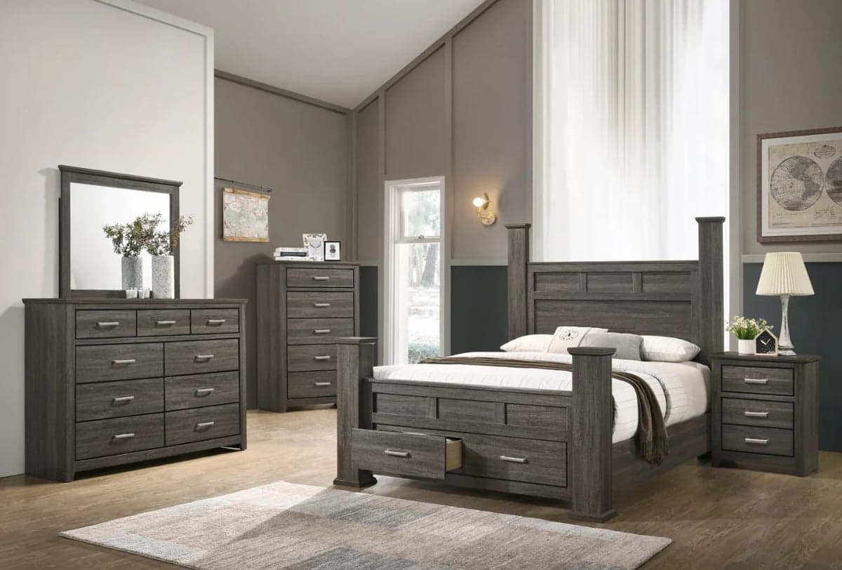 Modern bedroom furniture set with dark gray wooden bed, nightstands, dresser, and mirror in a contemporary home setting.
