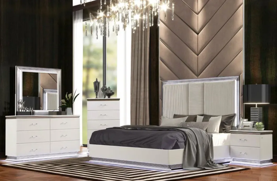 Dalal 4-piece bedroom set with a crystal chandelier and LED-lit upholstered bed