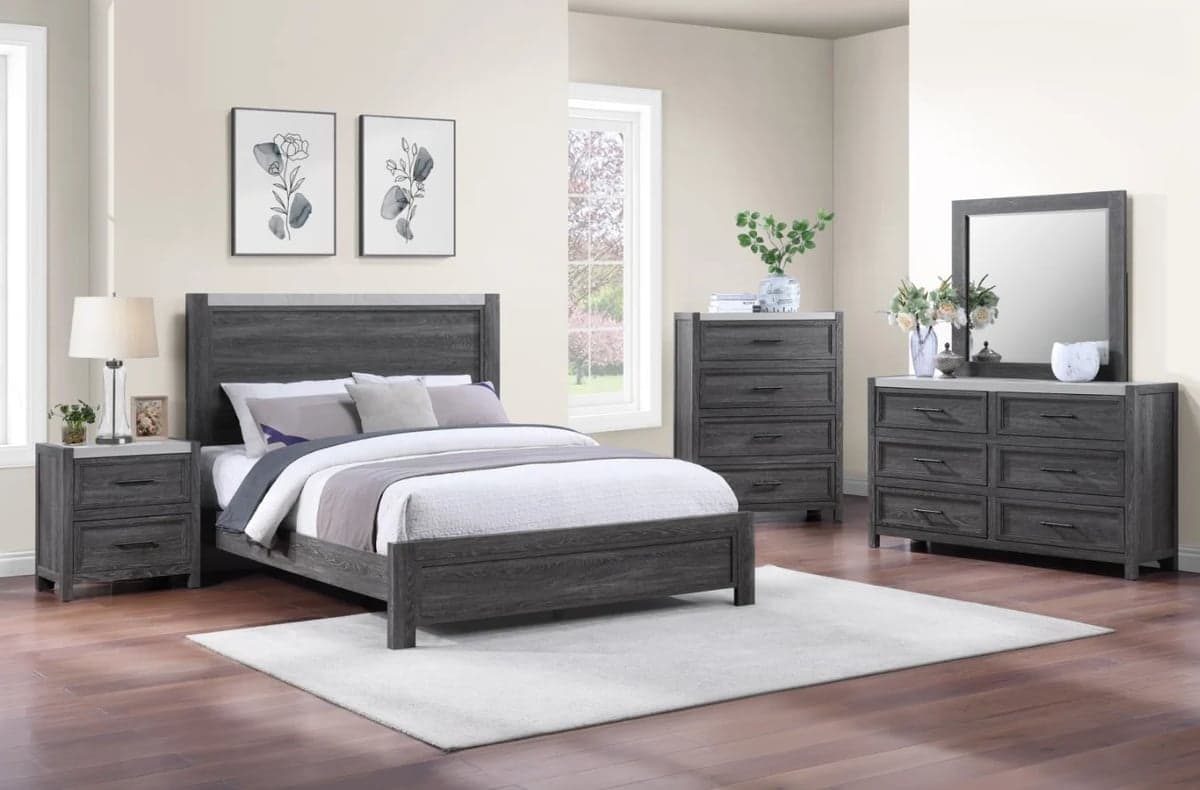 Modern gray wood bedroom furniture set with queen bed, nightstands, dresser, and mirror in bright room with white bedding