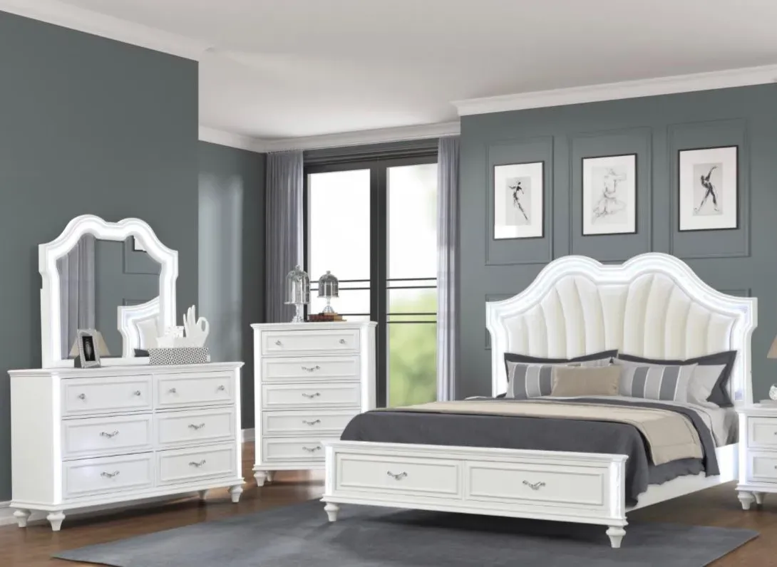 White Evangeline 4-piece bedroom set with a fan-tufted LED upholstered headboard, storage bed, dresser, mirror, and chest in a gray-green bedroom