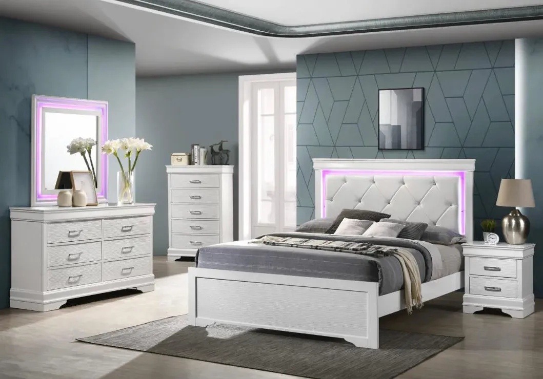 Princess Bed Collection 4-piece white bedroom set with a tufted color-changing LED headboard, LED mirror, dresser, chest, and nightstand