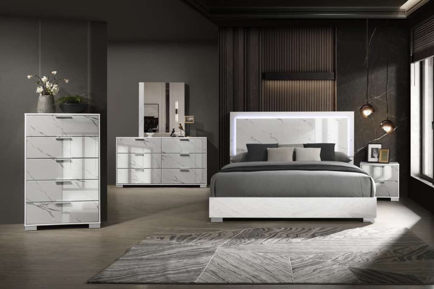 Bella 4-piece bedroom set with a tufted upholstered headboard, dresser, mirror, and nightstand