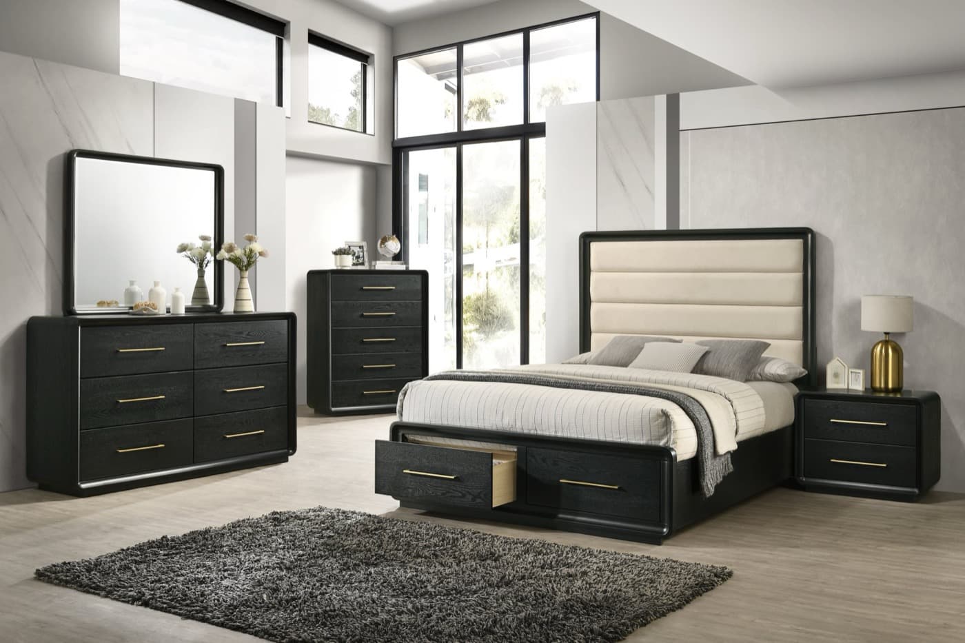 Luna 4-piece bedroom set with a curved upholstered headboard, dresser, mirror, and nightstand