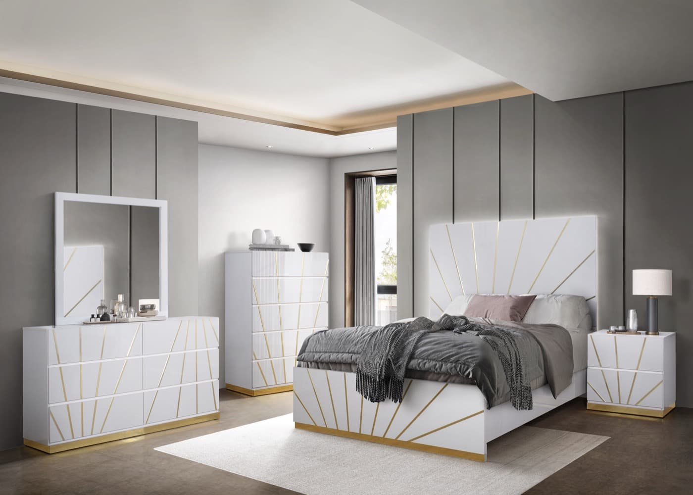 Nancy queen 4-piece bedroom set with an upholstered headboard, dresser, mirror, and nightstand