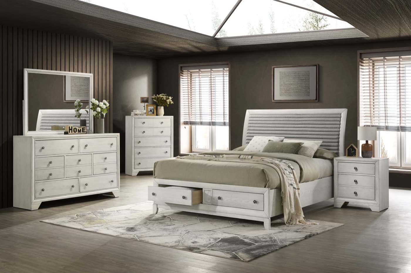 Olivia 4-piece bedroom set with a softly upholstered headboard, dresser, mirror, and nightstand